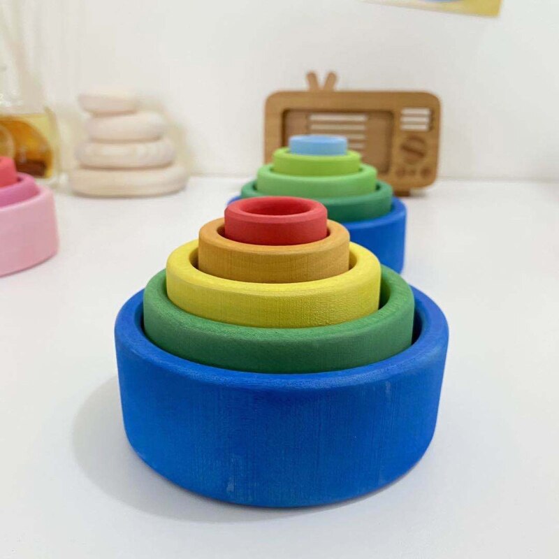 5 pz Del bambino Arcobaleno Di Legno che impila Creativo per Bambini Giocattoli Educativi Regali per Bambini Impilabile Gioco di Apprendimento Blocchi di Costruzione