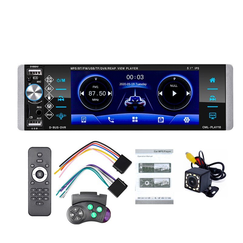 1 din  mp5 player touch bilradio tovejs sammenkobling rds am  fm 4- usb 5.1 inches understøtter android 10 mirrorlink: Med 12 led camea