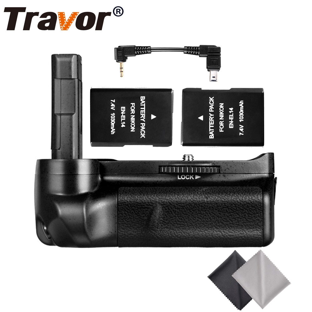 Travor Battery Grip Holder for Nikon D3100 D3200 D3300 DSLR camera with 2pcs EN-EL14 battery and 2pcs Microfiber Cleaning Cloth