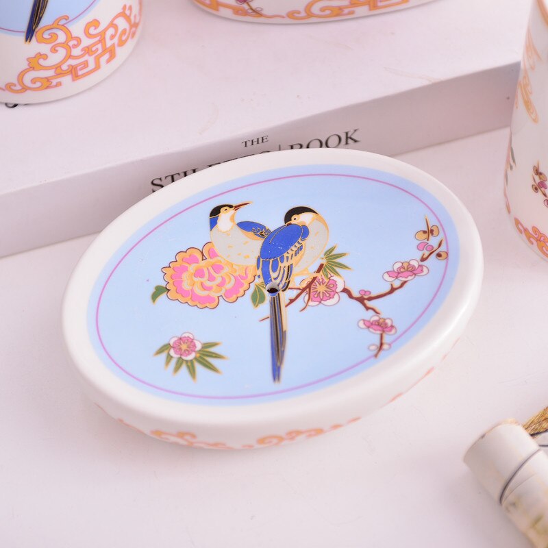 Set de accesorios de baño, dispensador de jabón de cerámica, soporte para cepillo de dientes y taza de gárgaras, platos de jabón, Lavatorio de flores y pájaros, juego de 5/6 piezas