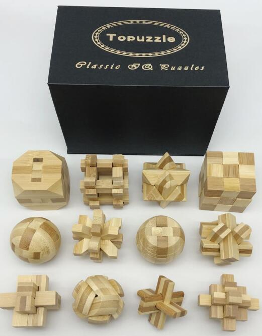 Set of 12PCS IQ Educational Bamboo Burr Puzzle Interlocking Mind Brain Teaser Puzzles Game for Adults Children: Paper Box