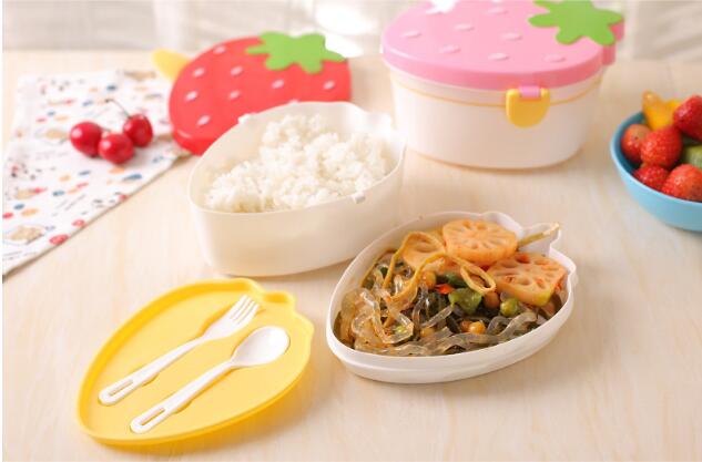 1PC Two layers Cute Strawberry Shape Lunch Boxs Food Fruit Storage Container Portable Bento Box Anti Leakage Food NV 002