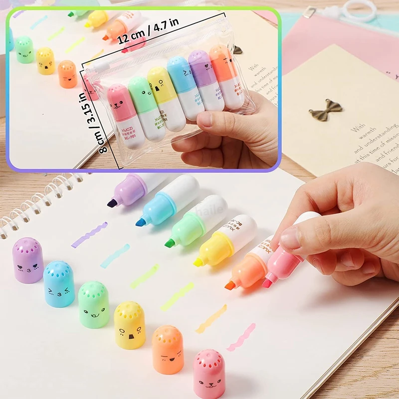 Juego de Mini pastillas resaltadoras Kawaii, rotulador fluorescente con cara sonriente, suministro de papelería artística para escuela y oficina, 6 uds.