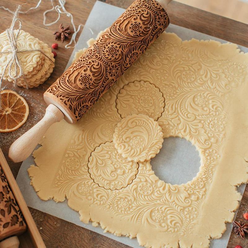 Kerst Embossing Fondant Deegroller Bakken Cookie Biscuit Cake Deeg Gegraveerde Roller Keuken Tool 35/43 Cm