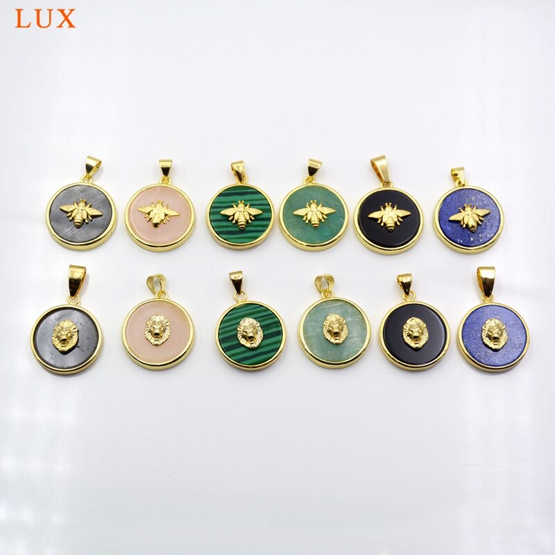 Bee Lion Round Gems stone Pendants Gold-Plated amethysts Rose Quartzs Lapis Amazonite Black Onyx Agates Coin Charms For Jewelry