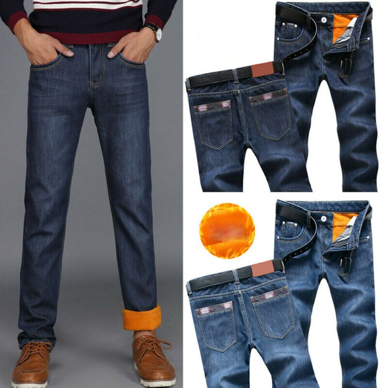 Termiske jeans til menn fleece foret denim lange bukser vinter tøye ut varme bukser ensfarget fleece uformelt trend
