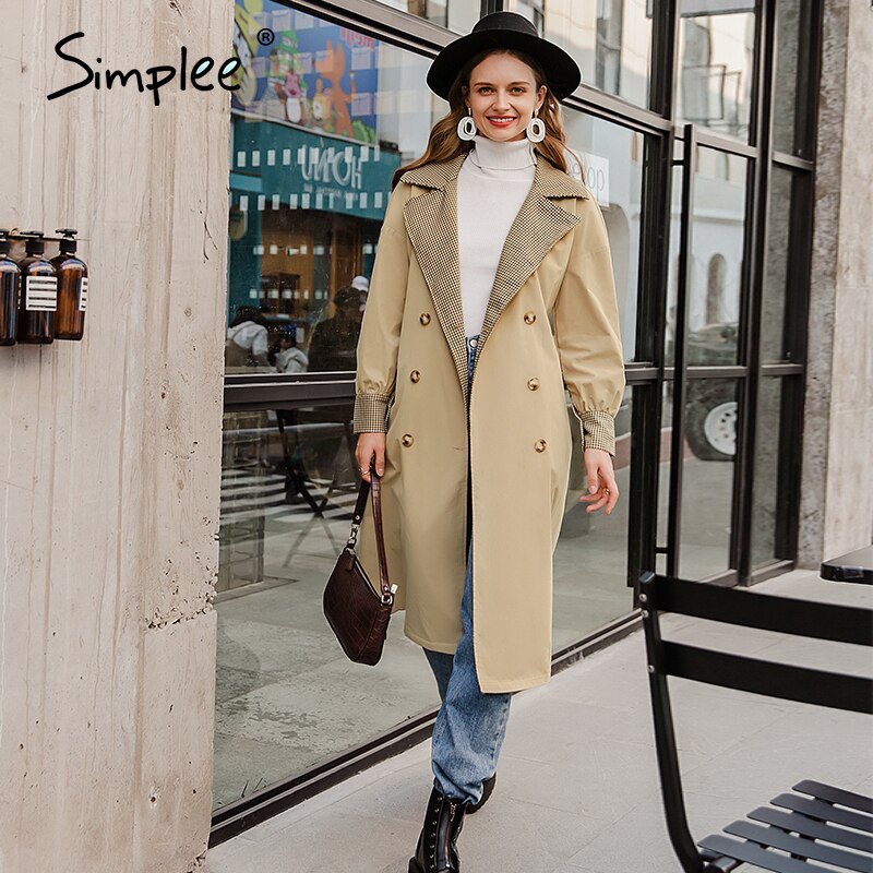 Simplee khaki autumn winter women trench High street long sleeve windproof coat Split lace up straight coat