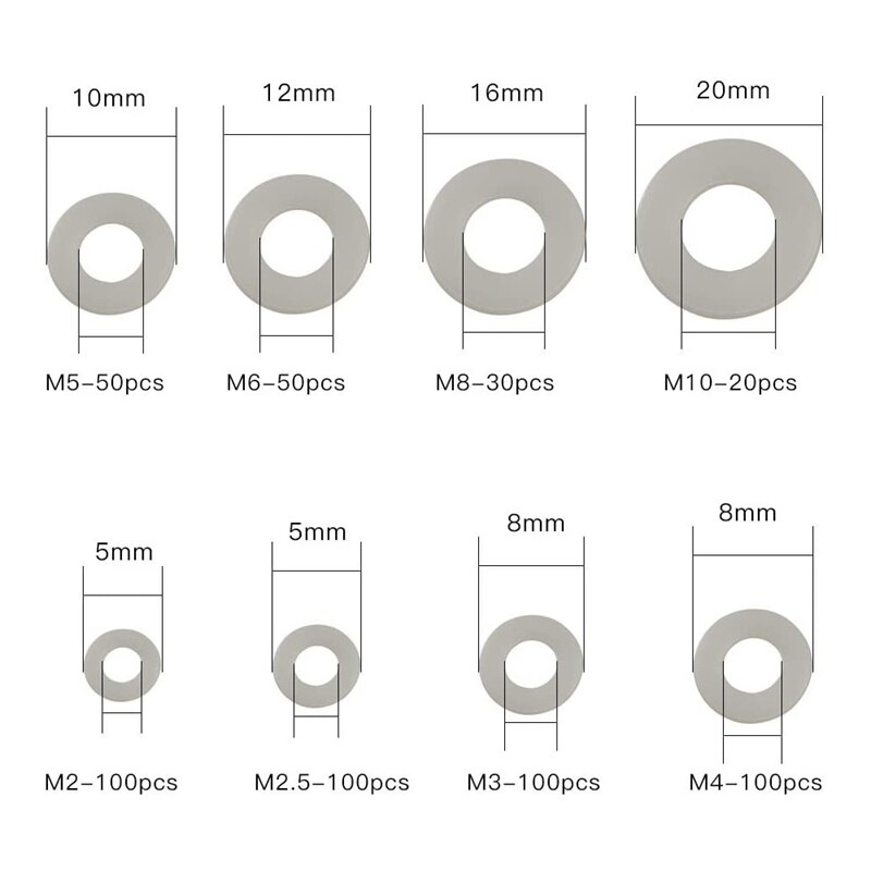 550 stuks nylon platte ringen voor schroeven, ronde ringen, diverse ringen, classificatieset voor verschillende maten (wit)