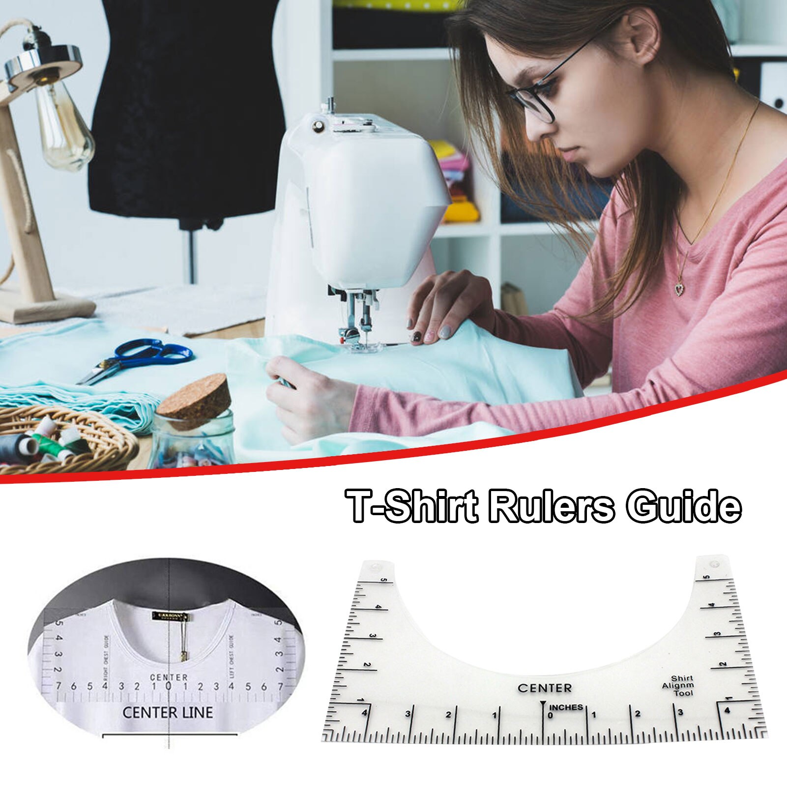 T-Shirt Ruler Guide Alignment Tool High Accuracy T-shirt Round Neckline Measurer Transparent Size Chart Ruler Sewing Accessorie
