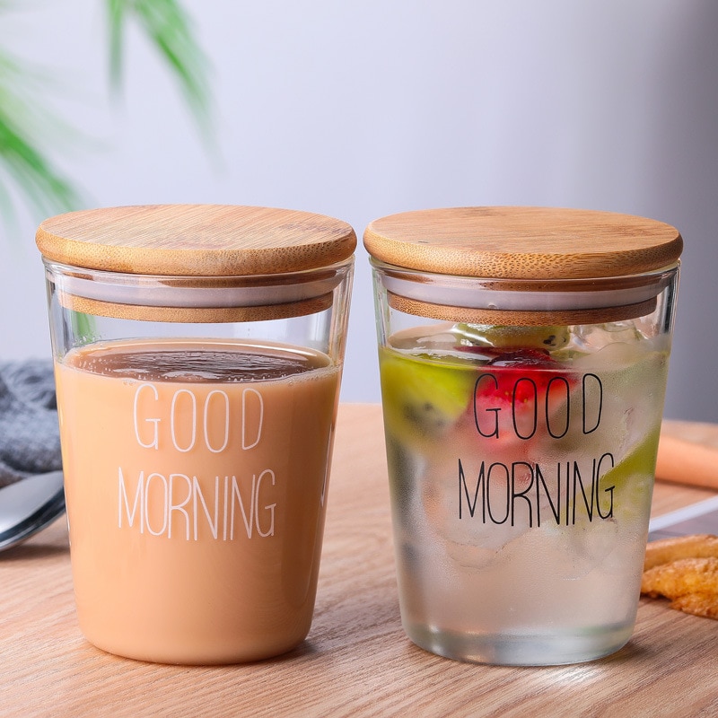 2 stk god morgen glas morgenmad kop japansk stil enkel glas mælkekop gennemsigtig juice drikke kop med låg