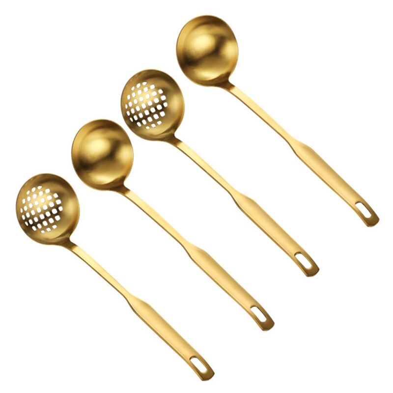 Goud Soeplepel Vergiet Set, Lange Handvat Roestvrij Keukengerei Kookgerei Opscheplepel, voor Koken Gebruiksvoorwerp (4 Stuks)