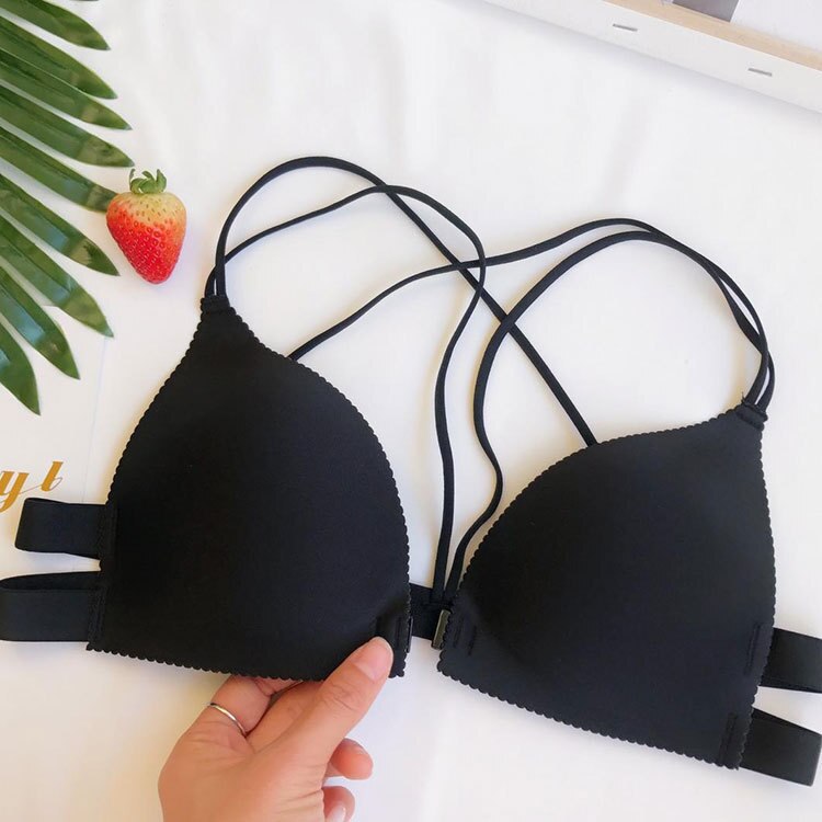 Sexy Sujetador Front buckle Push up bra tazas un corazón Delgado halter sujetador correas Cruz espalda femenina ropa interior: Black