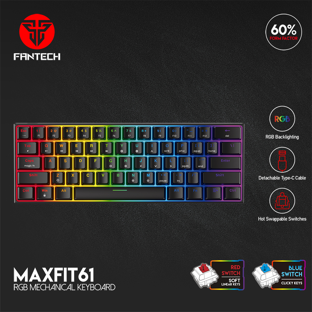 FANTECH MAXFIT61 Gaming Mechanical Keyboard USB Wired 61 keys with RGB Swappable Switches for PC Computer Gamer: MAXFITBLACK / Red Switch