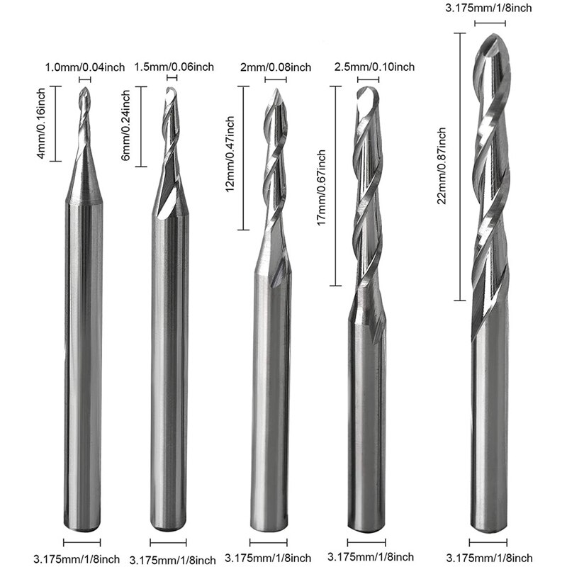 Ball Nose End Mill Set Cuting Edge Diameter CNC Engraving Router Bits Milling Cutter For Wood Working, Shank 3.175Mm