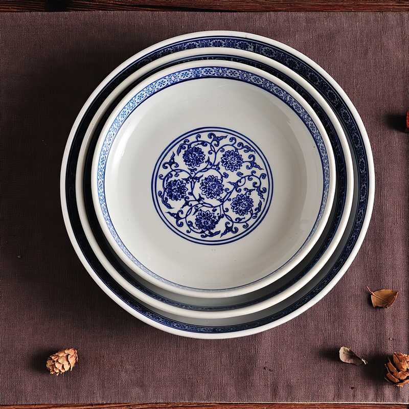 Chinese Flower Blue and White Porcelain Ceramic Plate Restaurant Household Multi-size Antique Salad Plate Deep Dish