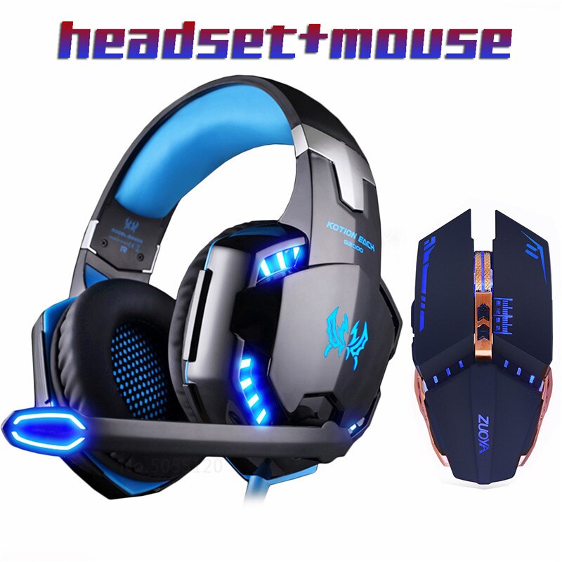 Gaming Headphone headset Stereo Earphone for gamer+Gaming Mouse 5000DPI Adjustable Mice LED Light Optical USB Wired laptop: G2000 Blue MMR5