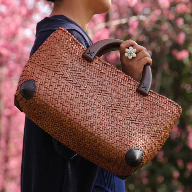 22 Stijl Strozak Rotan Houten Handvat Retro Geweven Zak Emmer Zak Grote Strand Tas: C032