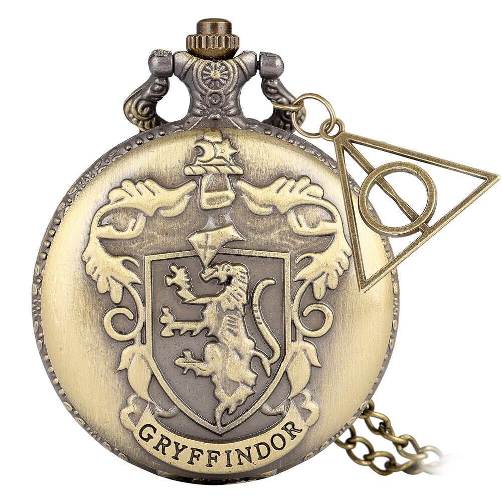 Brons Gryffindor's Gesneden Quartz Core Pocket Horloges Met Retro Driehoek Hanger Ketting Ketting Klok Verjaardag Mannen Vrouwen