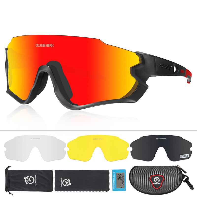 QUESHARK QE45 Fietsen Brillen Fiets Glassess voor Mannen Vrouwen Gepolariseerde Fietsen Goggles UV400 4 Lens Voor MTB Road fiets: Black Red