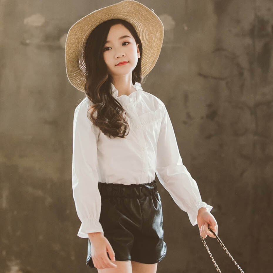 Shirt For Girl Solid White Blouse Girl Ruffle Children's Shirts For Girls School Autumn Kids Clothes Girls 6 8 10 12 14