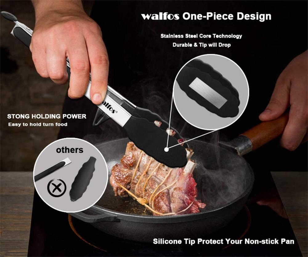 WALFOS-Pinzas de comida sin BPA con punta de silicona, soporte Premium resistente de 12 pulgadas y 9 pulgadas, pinzas de cocina de bloqueo de acero inoxidable