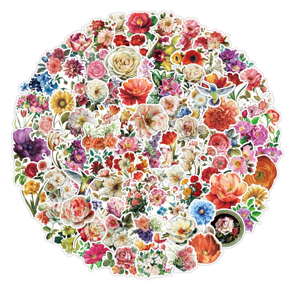 100PCS Various Plant Fresh flowers Roses Stickers for DIY Stationery Laptop Decal Scrapbook Skateboard Guitar Helmet Sticker