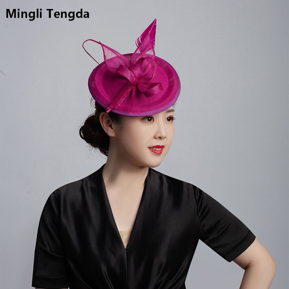Mingli Tengda 6 colores Filipinas Cambric sombrero de Bodas de lino de la pluma nupcial tocado mujeres sombreros Azul Real: Mei Zi