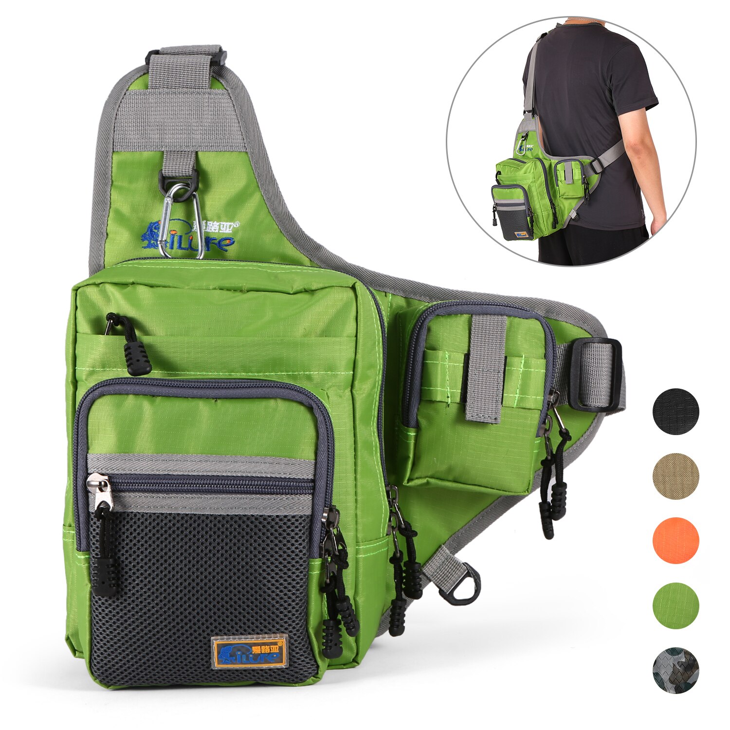 Ilure – sac de pêche étanche en toile, couverture de canne à pêche, grande capacité, moulinet, sac à dos pour leurres, boîte à bandoulière d&#39;extérieur: green