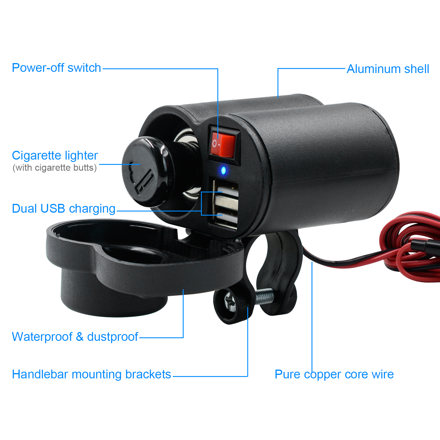 Motorcycle Cigarette Lighter Socket USB Quick Charger Voltmeter Digital Clock Switch Control Waterproof OCP