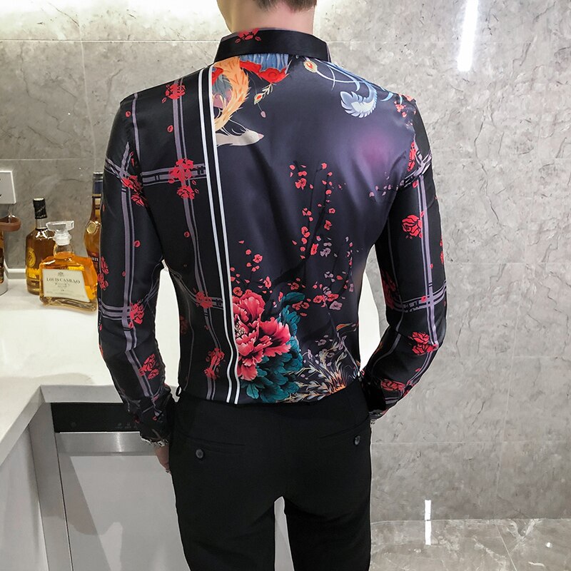 Blommiga skjortor för män höst långärmad casual skjorta slim fit streetwear social nattklubb blus camisa masculina