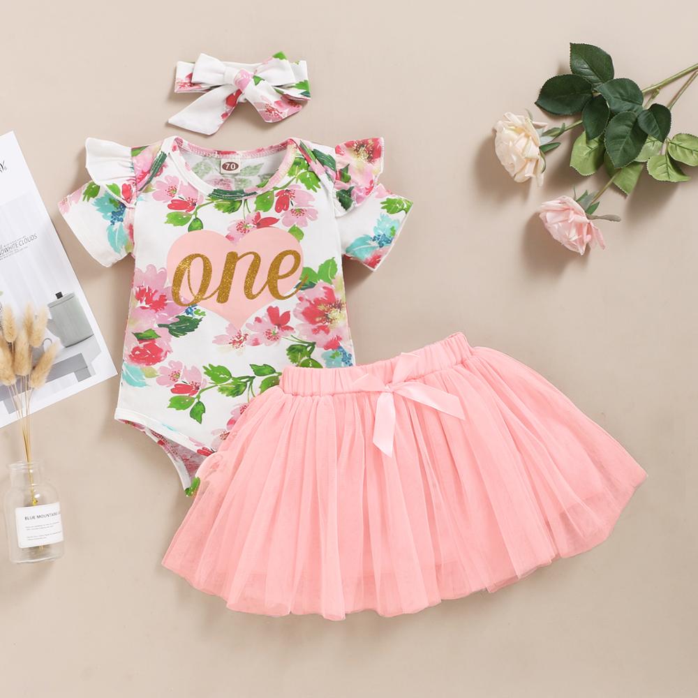 Baby Meisje Mooie Jurk Bloemenprint Bodysuit Roze Geel Tulle Rok Set Baby Eerste Verjaardag Outfits Babykleertjes Mikrdoo