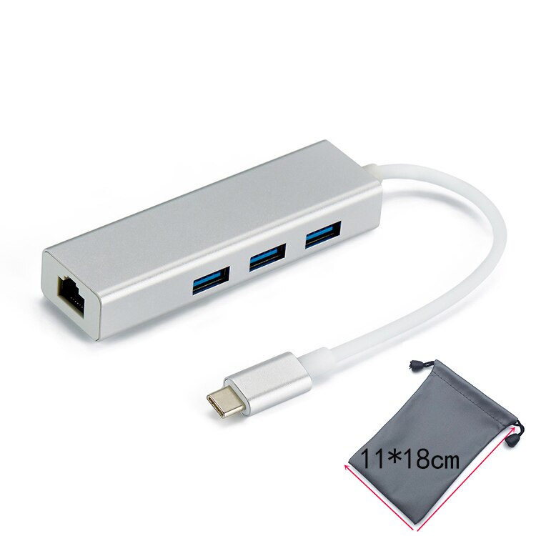 Eksternt netværkskort thunderbolt 3 to ethernet 3 porte usb 3.0 hub type c til  rj45 100 mbps lan adapter data til macbook: Sølv med taske