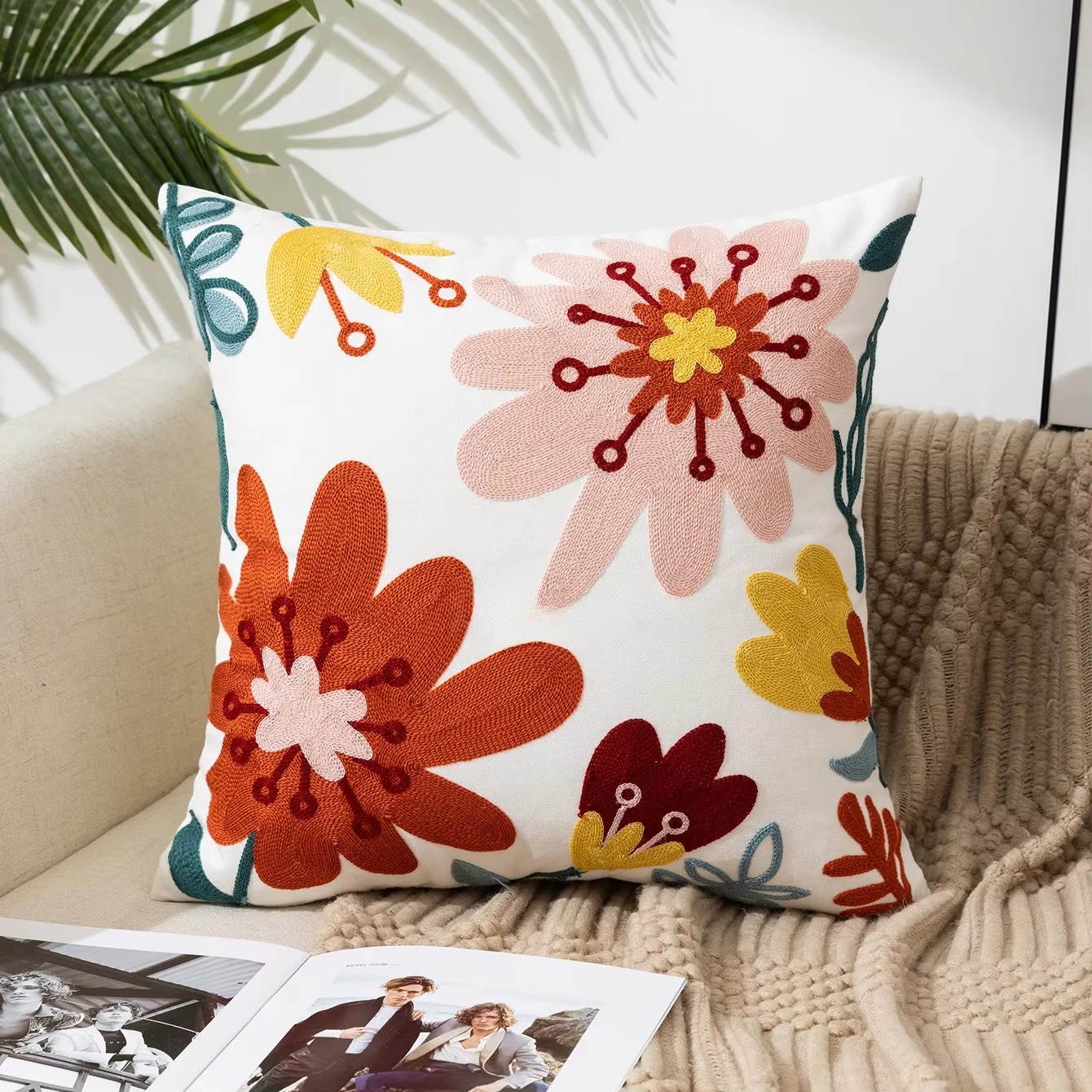 45X45CM Bloem Geborduurde Sierkussen Cover Plant Handdoek Moderne Stempelen Taille Kussenhoes Decor Home Decoratieve kussensloop