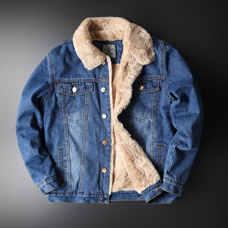 Vinter män smal tjock varm ull jeansjackor vintage manliga streetwear casual distressed jeans jacka ytterkläder: Kungsblå / Xxxl