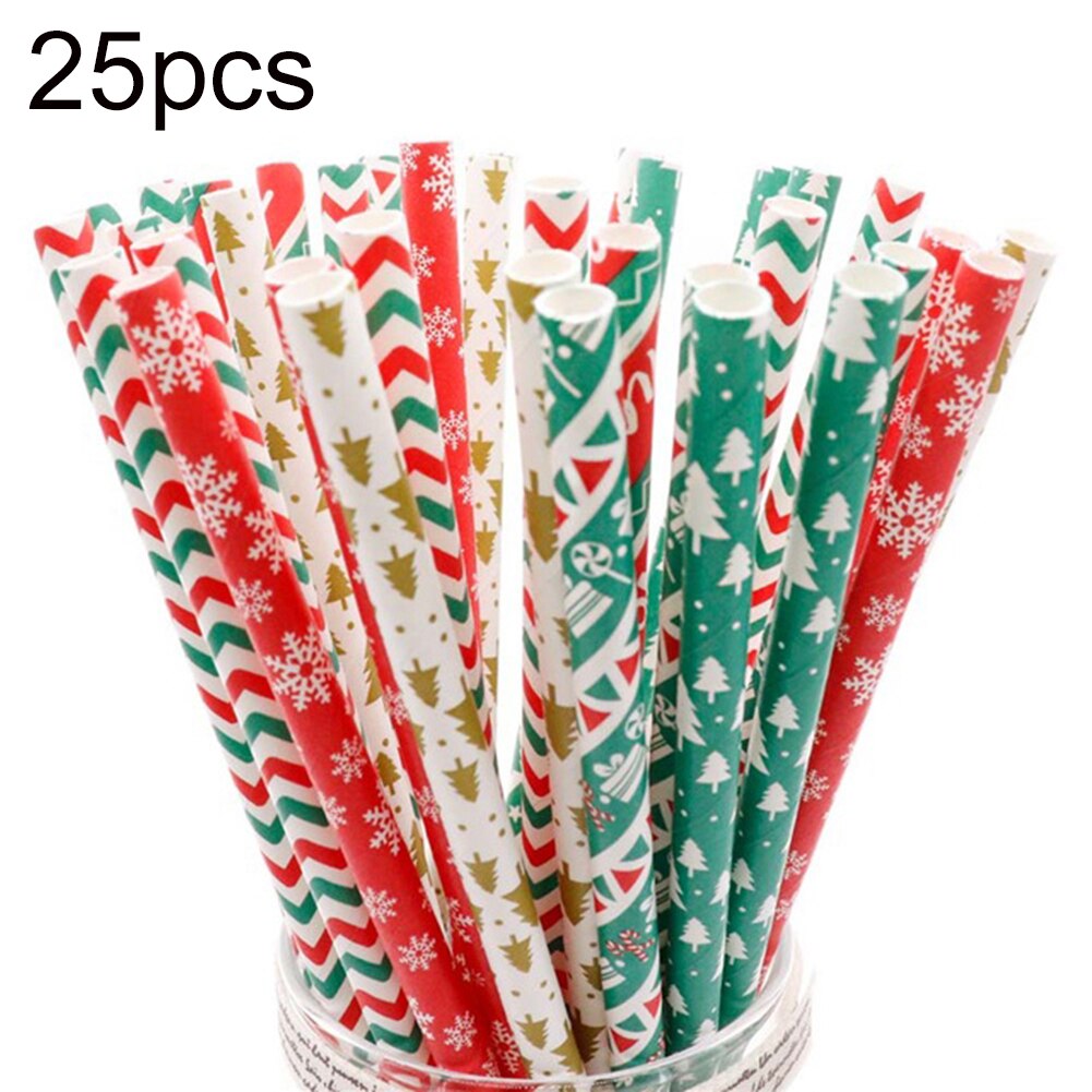 25 stuks Kerstboom Sneeuwvlok Hoed Dot Print Onschadelijk Wegwerp Papier Rietjes Keuken Accessoires Restaurant Xmas Decor