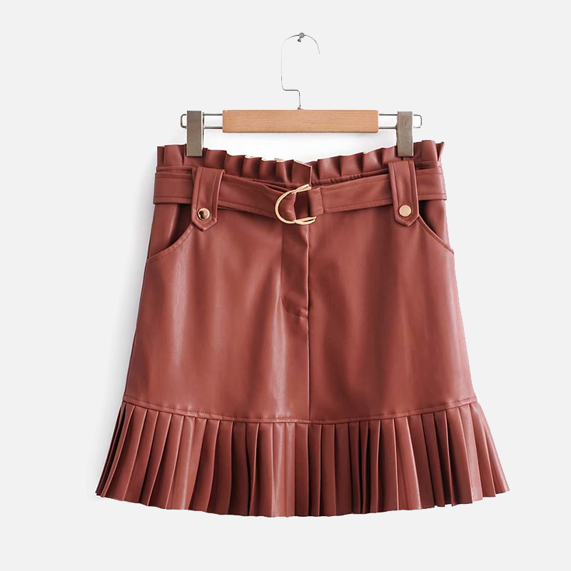 Vrouwen Leren Rok Mini Rokken Dames A-lijn Geplooide Ruches Pu Riem Zwart Hoge Taille Winter Herfst Mode Voor vrouw: Same as picture / M