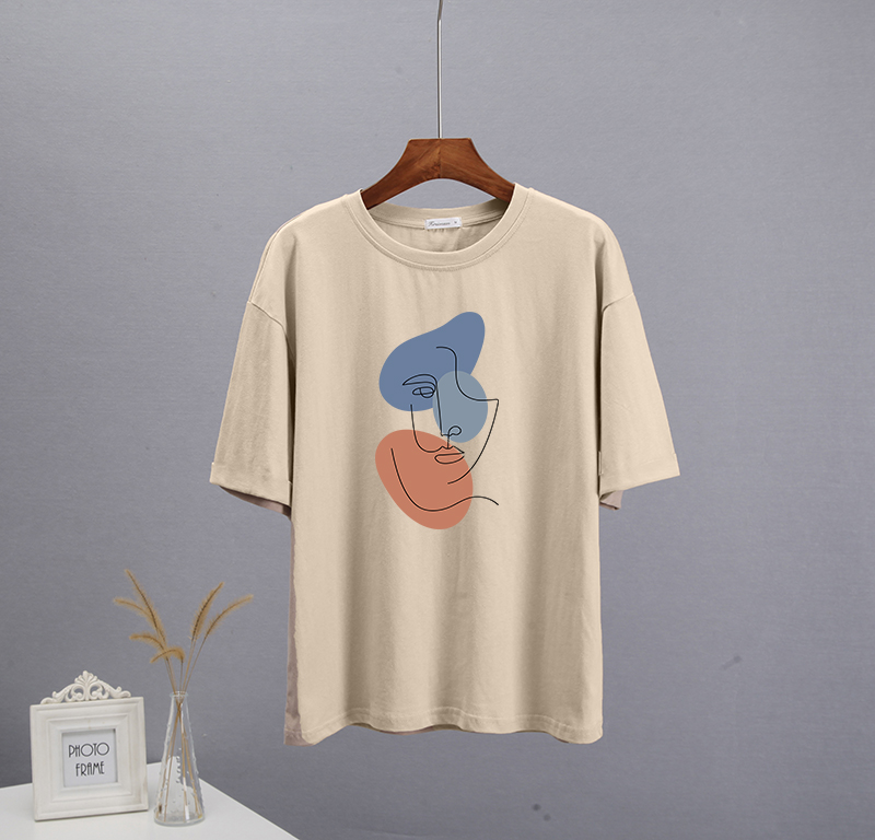Hirsionsan abstrakt print t-shirt til kvinder sommer oversized 100%  bomuld t-shirts afslappet løs æstetisk t-shirt o-hals toppe: M / Khaki