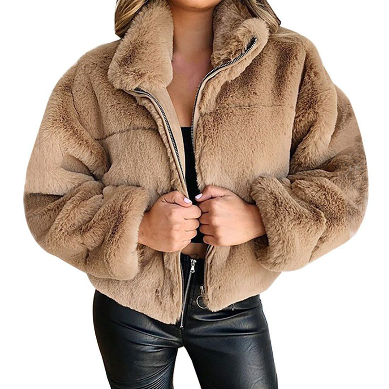 Vintage Vrouwen Warme Jas 2022 Winter Mode Pluizige Effen Kleur Turn-Down Lange Mouwen Pluche Rits Jas Casual losse Bovenkleding