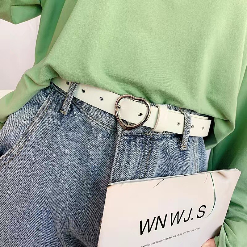 Mujer doble hebilla de plata Jeans cinturones de para la mujer los estudiantes pretina Simple círculo cinturón con hebilla para Jeans vestido: white heart buckle