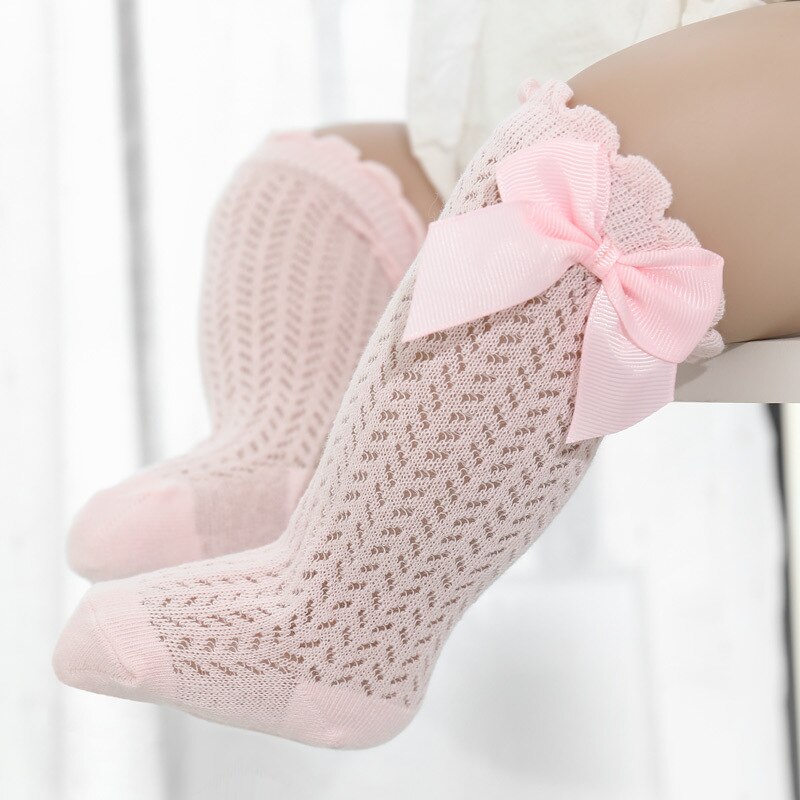 2022 Summer Baby Girls Socks Cute Big Bows Soft Cotton Elastic Solid Color Mesh Newborn Socks Knee High Long Toddler Girl Socks: Roze