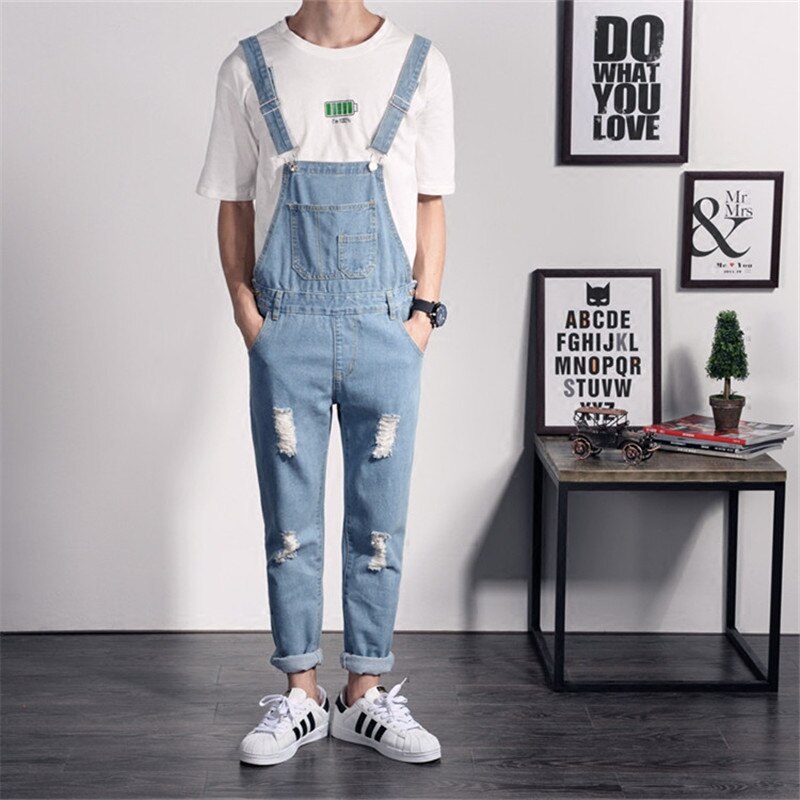Mænd nødlidende jeans revet jumpsuit denim overalls mænd cargo bukser med seler denim hagesmæk overalls til mænd