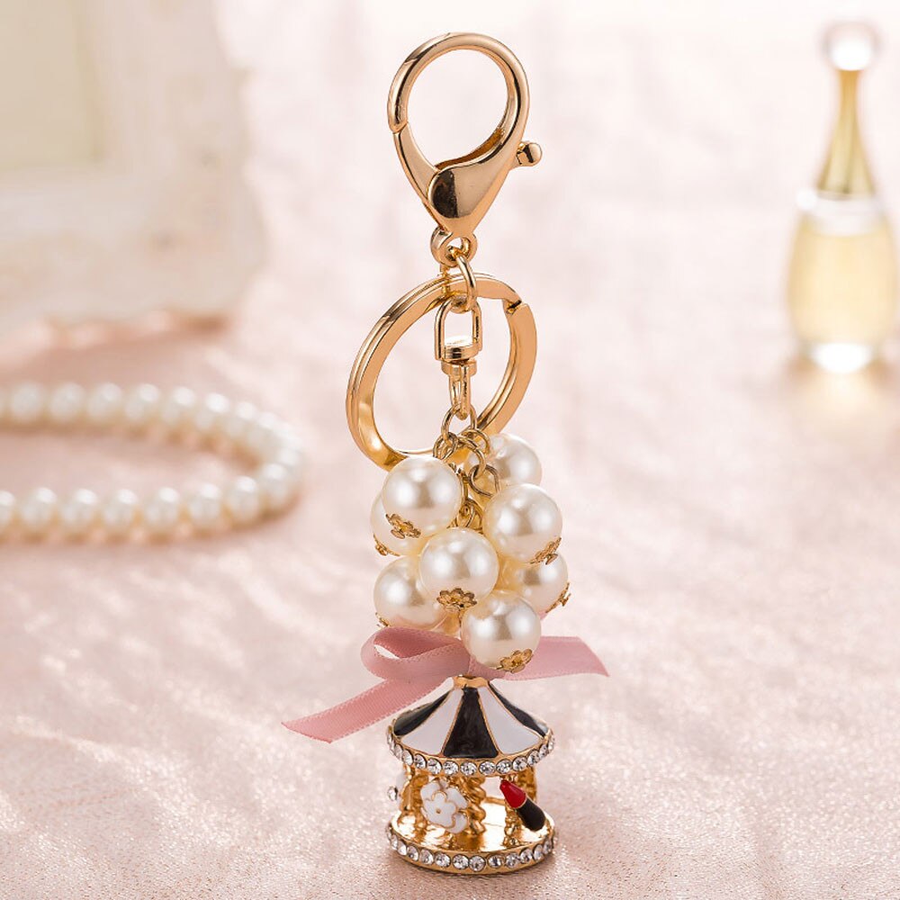 Carousel Keychain Women Pendant For Handbag Bag Exquisite Pearl String Carousel Car Key Chain Girls Bag Car Strap Pendant