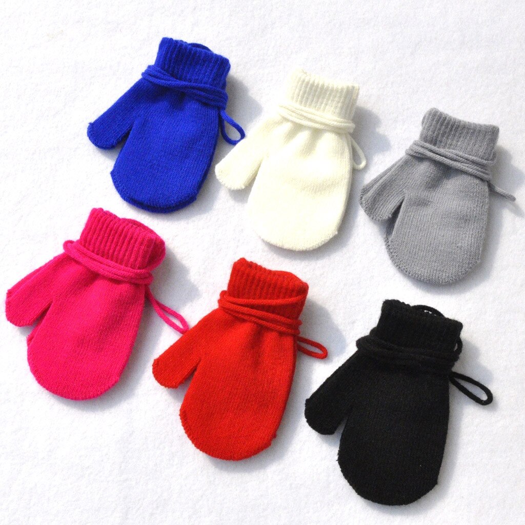 Kinderen Solid Dikke Gebreide 1-4Years Handschoenen Kinderen Winter Warm Solid Gebreide Leuke Met String 6 Kleuren Handschoenen Варежки Зимние