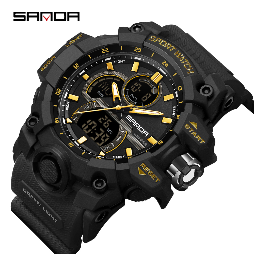 SANDA-reloj electrónico con luz nocturna para hombre, cronógrafo multifuncional con pantalla Dual, resistente al agua, Ideal para deportes al aire libre, a la , 6198, 2024: Café