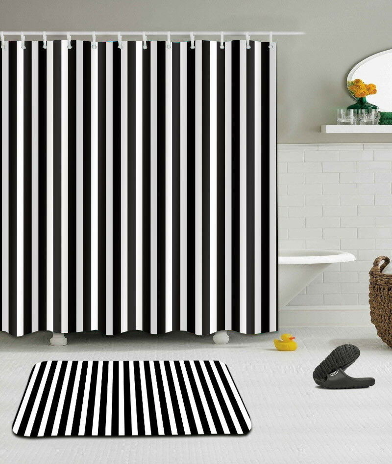 Black and White Shower Curtain Striped Bathroom Curtain Waterproof Polyester Fabric Bath Decor Ring Hooks Included: Curtain And Mat / 180x200cm-72x80inch