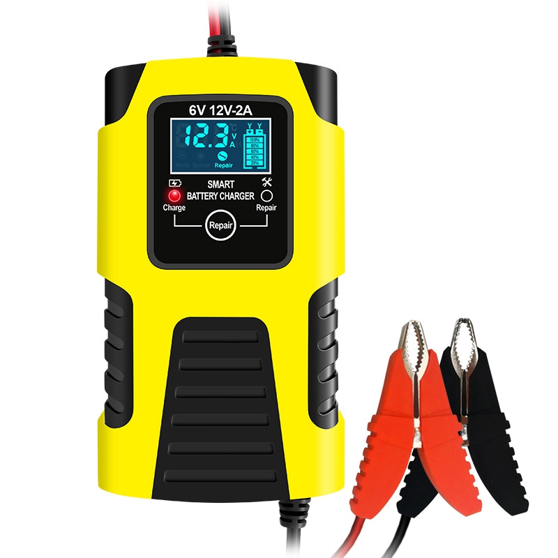 2A Universal Full Automatic Digital LCD Display Car Motorcycle Battery Charger 6V 12V Smart Battery Clips Starting Device: Yellow Euro Plug