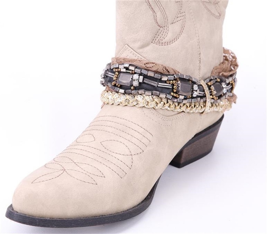 Top. Damet femmes genou haute botte Cowboy Cowgirl bottes avec dentelle et chaîne décoration Western chaussures sans lacet moto bottes femme