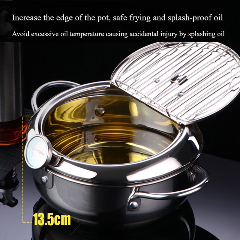 Tempura Fryer with Thermometer Lid Non-stick Stainless Steel Frying Pot for Kitchen MSU88