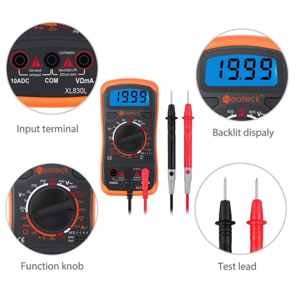 Neoteck Digital Multimeter AC DC Voltmeter Ammeter OHM Circuit Checker Tester Buzzer 1999 Counts Auto display Multimeter Tester