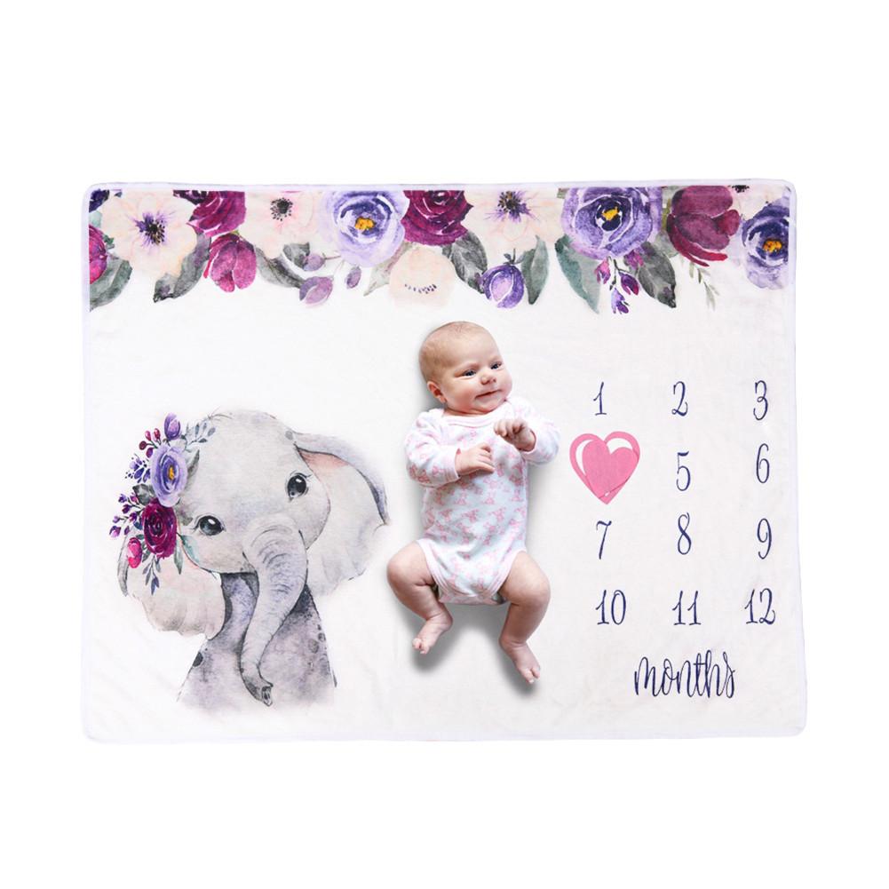 Pasgeboren Baby Deken Maandelijkse Groei Milestone Deken Super Zachte Olifant Printing Flanel Deken Baby Fotografie Props